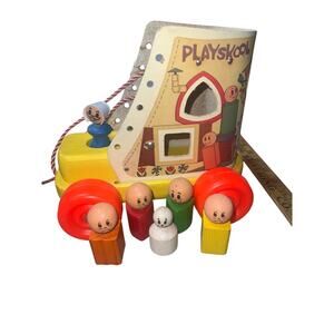 Vintage Playskol Wood Old Woman Who Lived In A Shoe Pull Toy and figurines